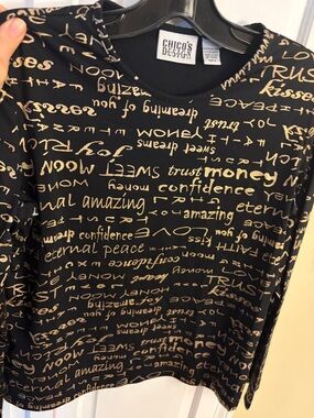 Chico’s vintage Black Long Sleeve Tee with Metallic Gold Script